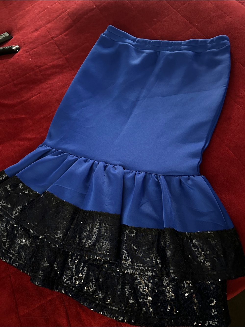 Blue Ruffled Hem Mermaid Skirt with Black Sequin Trim